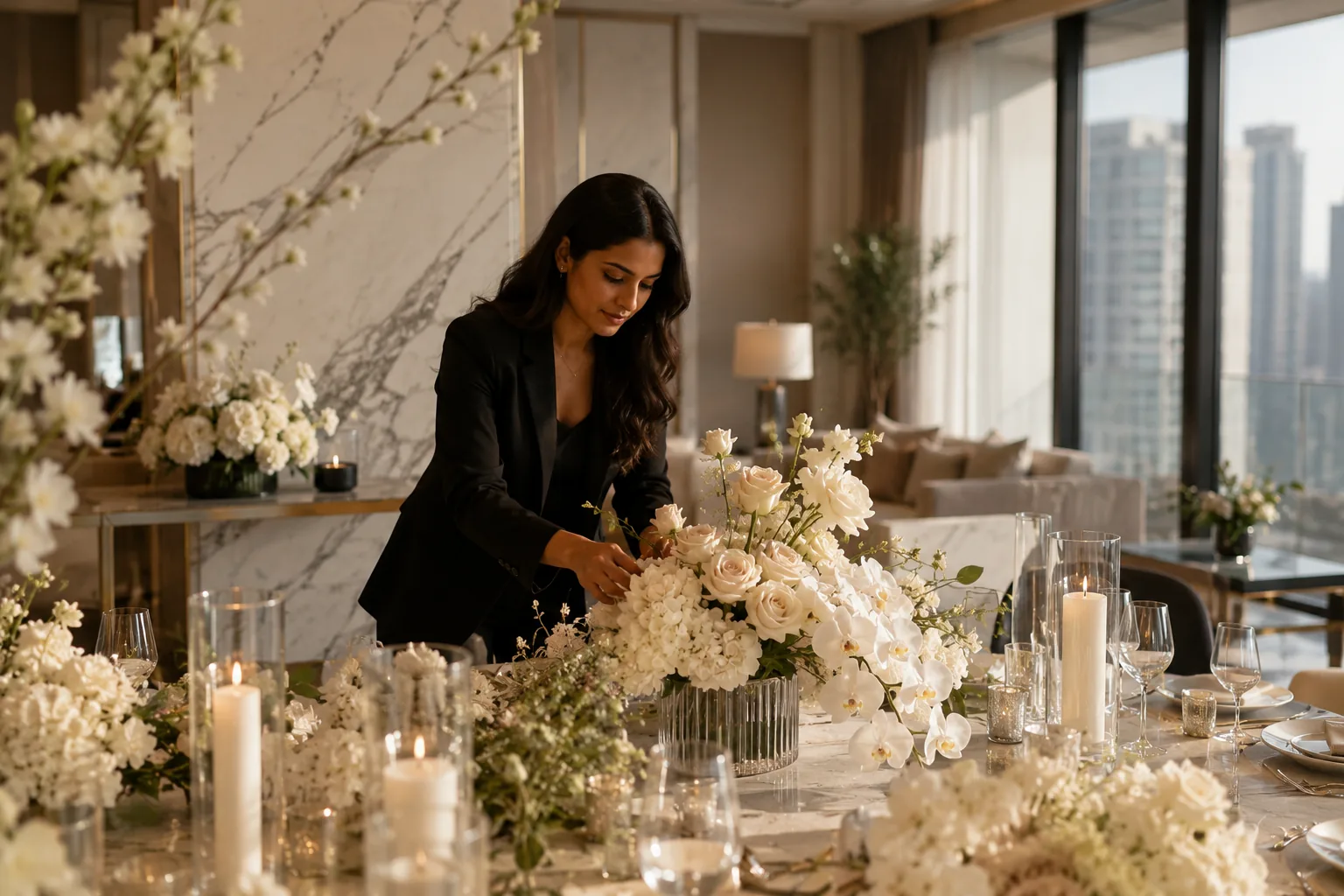 An elegant celebration setup with fresh florals